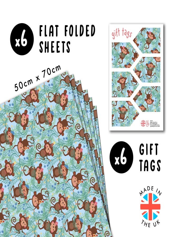 CENTRAL 23 Birthday Gift Wrap for Kids - 6 Sheets of Animal GiftWrap - Monkey - Safari Jungle Wilderness - For Boys and Girls - Comes with Fun Stickers - Recyclable - Image 2